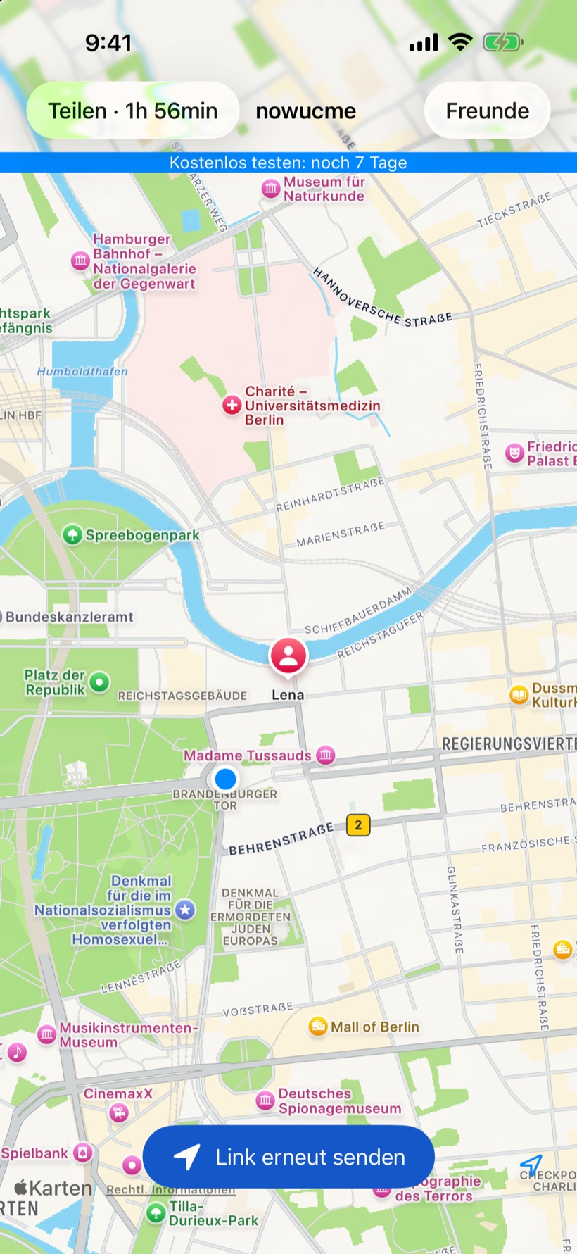 nowucme zeigt den Live-Standort eines Freundes auf der Karte