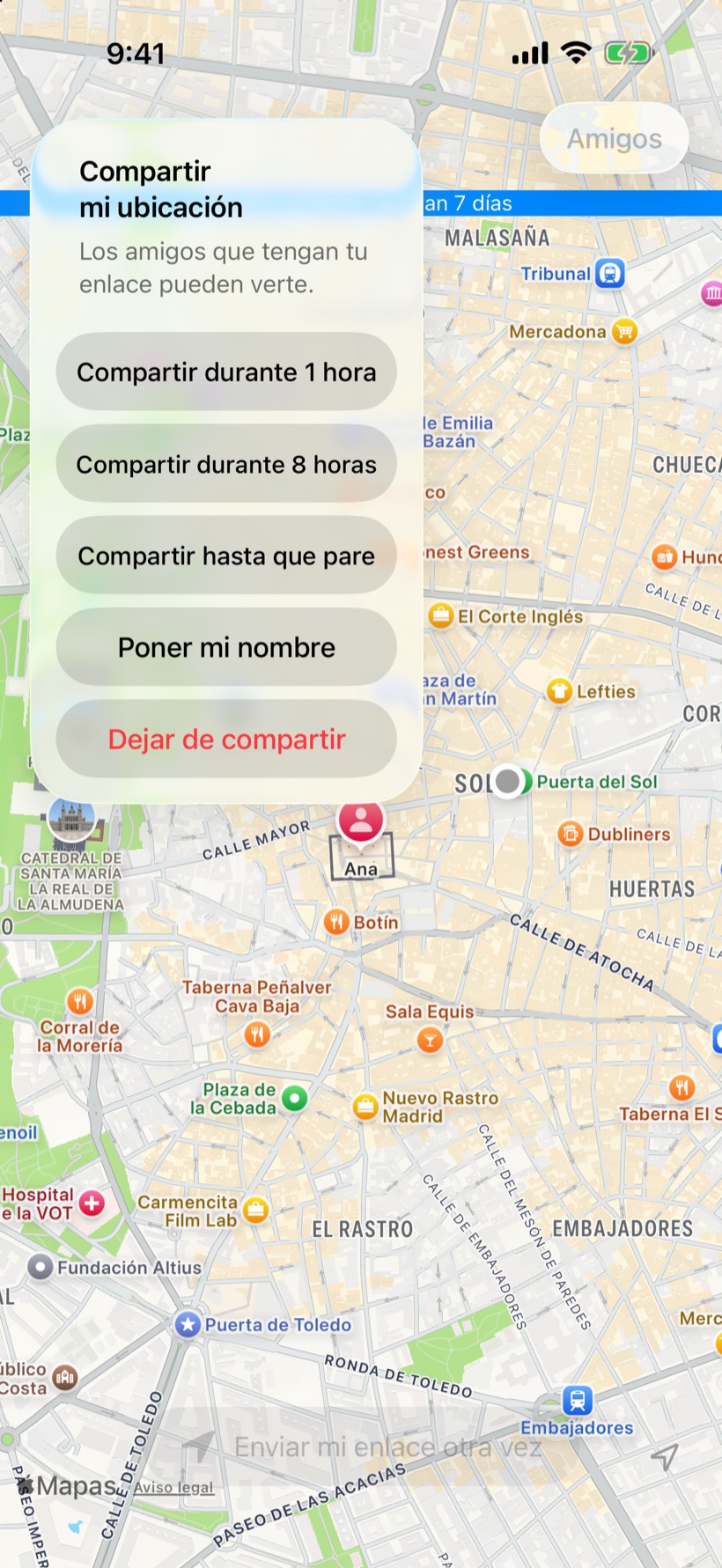 Elige compartir tu ubicación 1 hora, 8 horas o hasta que pares