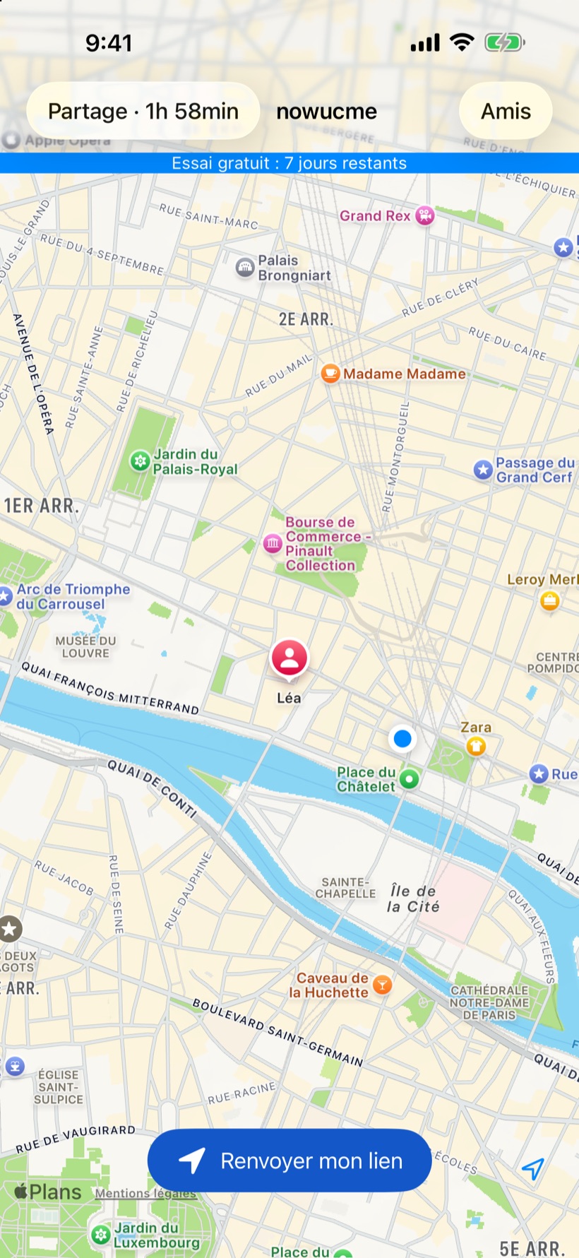 nowucme affichant la position en direct d'un ami sur la carte