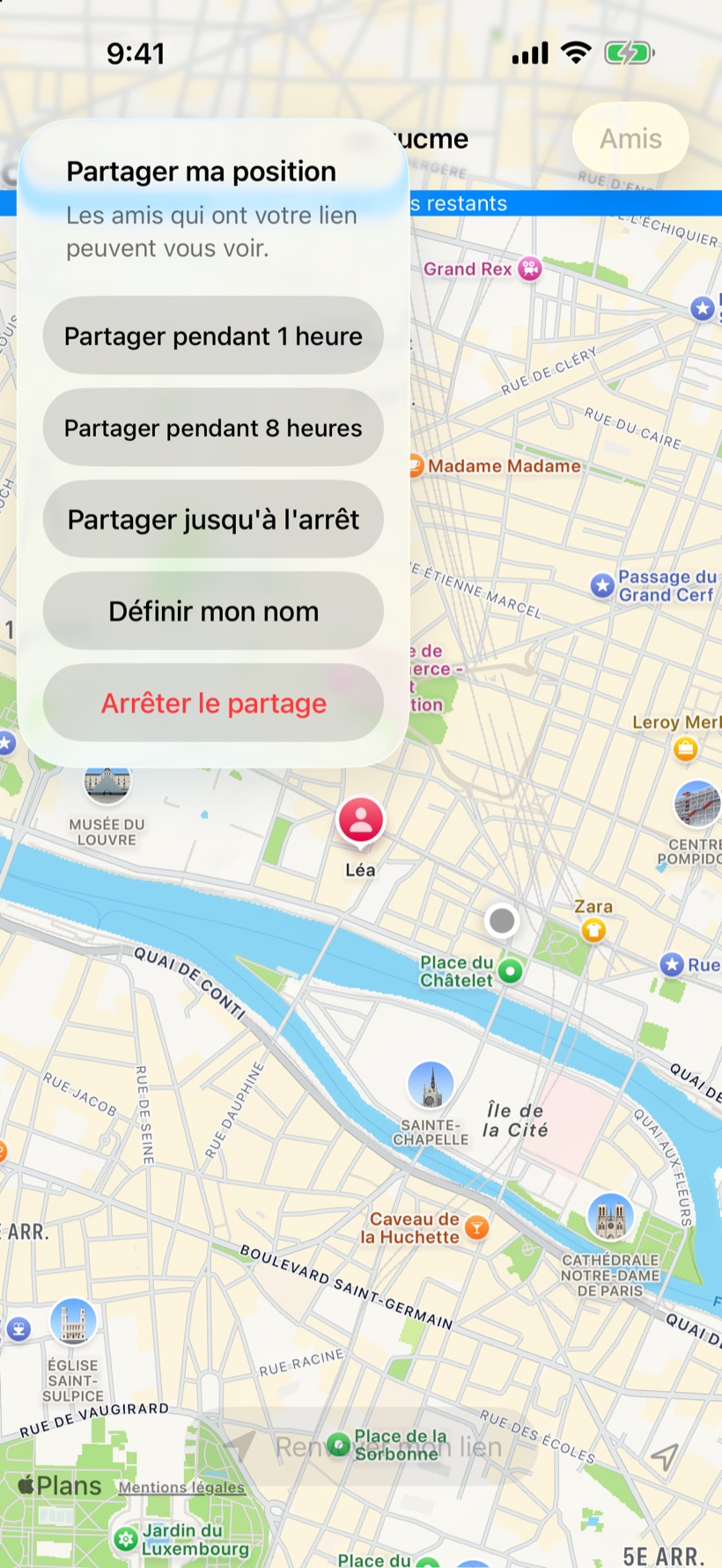 Choisissez de partager votre position 1 heure, 8 heures ou jusqu'à l'arrêt