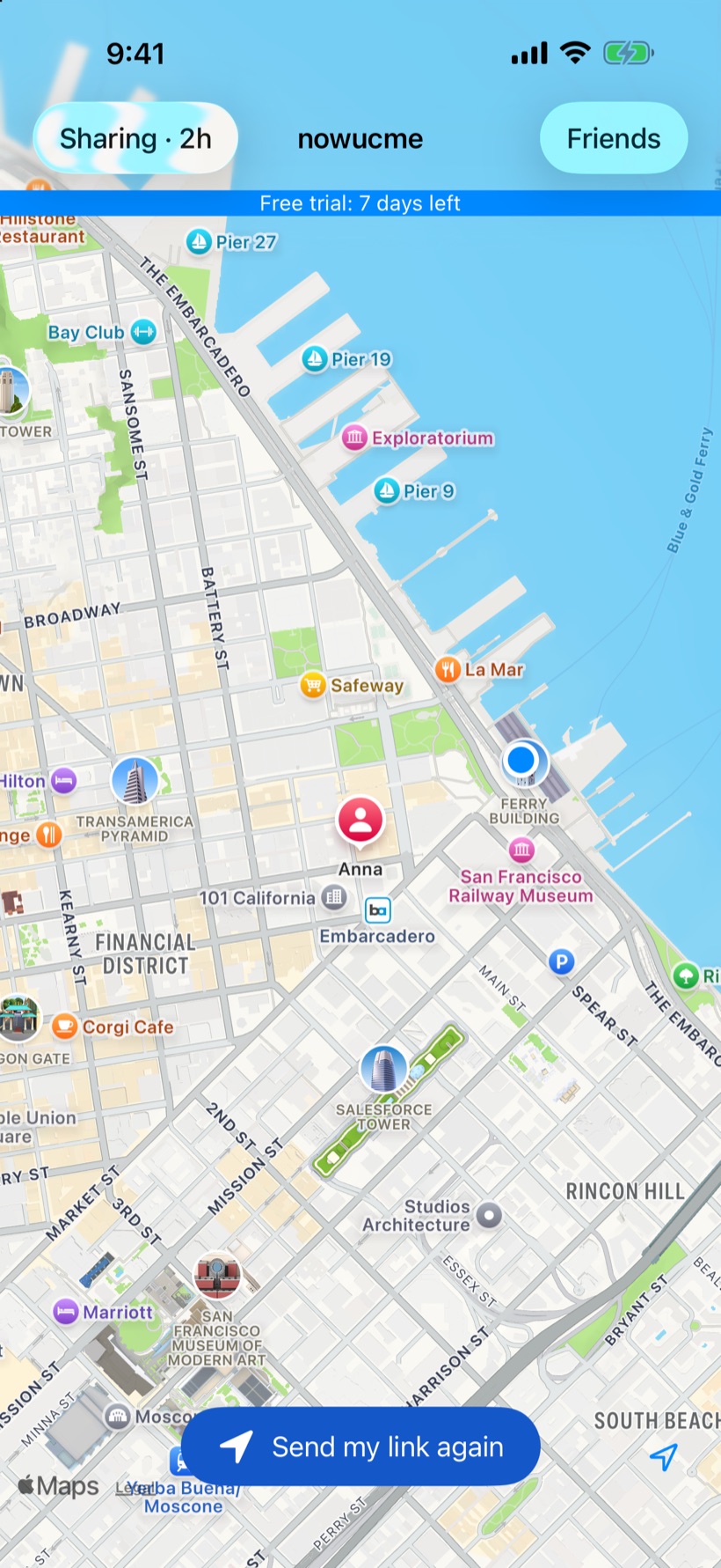 nowucme showing a friend's live location on the map