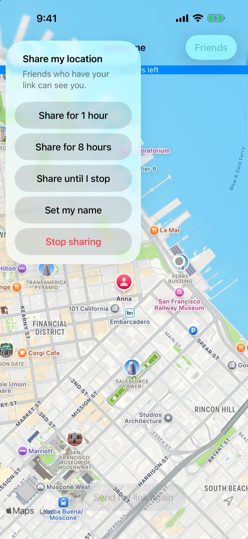 Choose to share your location for 1 hour, 8 hours, or until you stop
